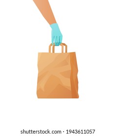 Couriers gloved hand holding a paper eco bag with groceries. Food delivery concept. Cartoon vector illustration.