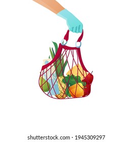 Couriers gloved hand holding a paper eco bag with groceries. Food delivery concept. Cartoon vector illustration.