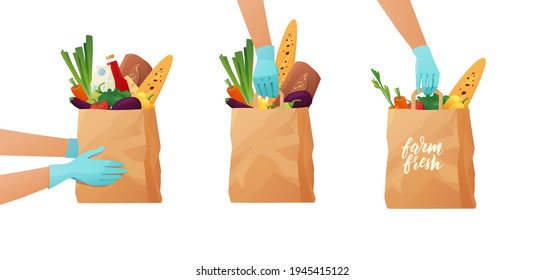 Couriers gloved hand holding a paper eco bag with groceries. Food delivery concept. Farm fresh hand lettering text. Cartoon vector illustration.
