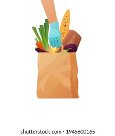 Couriers gloved hand holding a paper eco bag with groceries. Food delivery concept. Cartoon vector illustration.