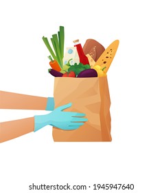 Couriers gloved hand holding a paper eco bag with groceries. Food delivery concept. Cartoon vector illustration.