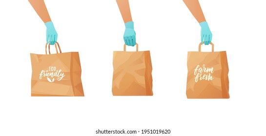 Couriers Gloved Hand Holding A Paper Eco Bag. Eco Friendly Hand Lettering Text. Food Delivery Concept. Cartoon Vector Illustration.