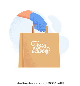Couriers hand in blue protective glove holding delivery paper bag with food. Safe food delivery service during covid-19 quarantine. Vector illustration