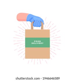 Los nutrientes entregan con alimentos una bolsa de papel de papel protectora de goma azul con guante de goma. Entrega segura de alimentos.