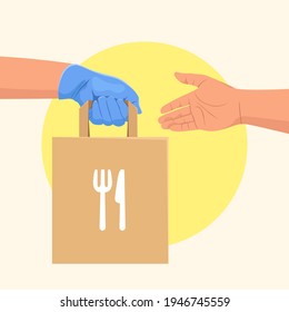 Couriers hand in blue protective rubber glove delivering food bags to customer. Safe food delivery. Online food ordering concept.