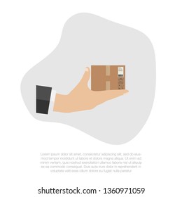 Courier's hand giving cardboard box. Parcel delivery. Receiving parcel. Pick up point. Delivery concept. Isolated illustration.