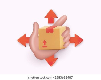 Courier's Hand holding cardboard box. Fast delivery concept. Package delivery. Online shopping. Cargo box with barcode. 3D Web Vector Illustrations.