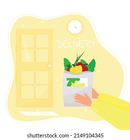 Courier's hands with a paper bag with vegetables and herbs. Safe delivery to the Courier's home with a parcel to the door. Flat vector illustration in cartoon style