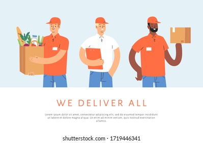 Couriers holding boxes, delivers the packages, parcels or food. Men characters, workers of fast delivery service. Banner web template design. Cartoon vector illustration