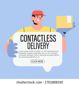 Couriers holding package and banner in medical gloves. Concept of contactless or to the door delivery 24/7. Coronavirus quarantine shop or store food or medical supplies express fast delivery service.