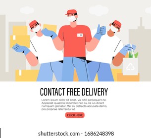 Couriers holding package in medical mask and gloves. Concept of contactless or to the door delivery 24/7. Coronavirus quarantine shop or store food or medical supplies express fast delivery service.