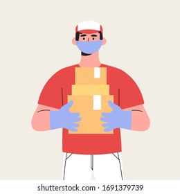 Couriers holding package in medical mask and gloves. Concept of contactless or to the door delivery 24/7. Coronavirus quarantine shop or store food or medical supplies express fast delivery service.