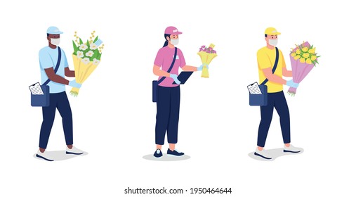 Couriers in mask and gloves with flowers flat color vector detailed character set. Safe delivery during pandemic isolated cartoon illustration for web graphic design and animation collection