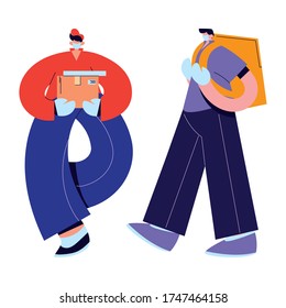 couriers with mask, gloves, and shipping packages vector illustration desing