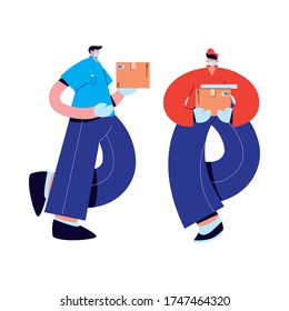 couriers with mask, gloves, and shipping packages vector illustration desing