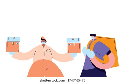 couriers with mask, gloves, and shipping packages vector illustration desing