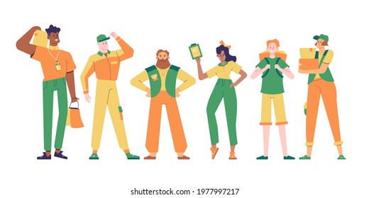 Couriers and movers. A group of people. A set of characters. Delivery workers. Vector flat illustration.