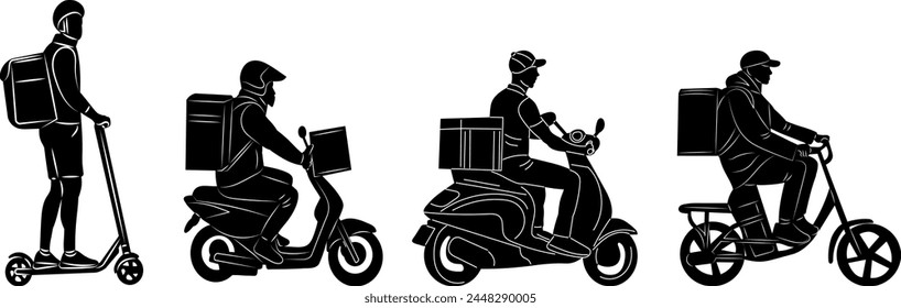 couriers on mopeds and scooters set of silhouettes on a white background vector