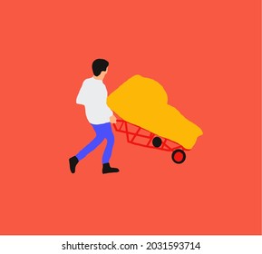 Portadores, cartero, repartidor de mano hombre de caja de cartón rodante camionero de carrito de carruaje que transportan paquetes en el almacén de camiones de mano. Ilustración vectorial.