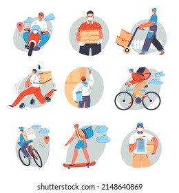 Couriers and postmen, delivery service. Men with parcels and orders in boxes. Food and goods transportation, male character on bicycle or skate, scooter or vehicle. Distribution vector in flat style