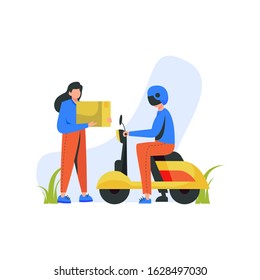 Couriers ride motorcycles and deliver goods to customers vector illustration, suitable for landing page, ui, website, mobile app, editorial, poster, flyer, article, and banner