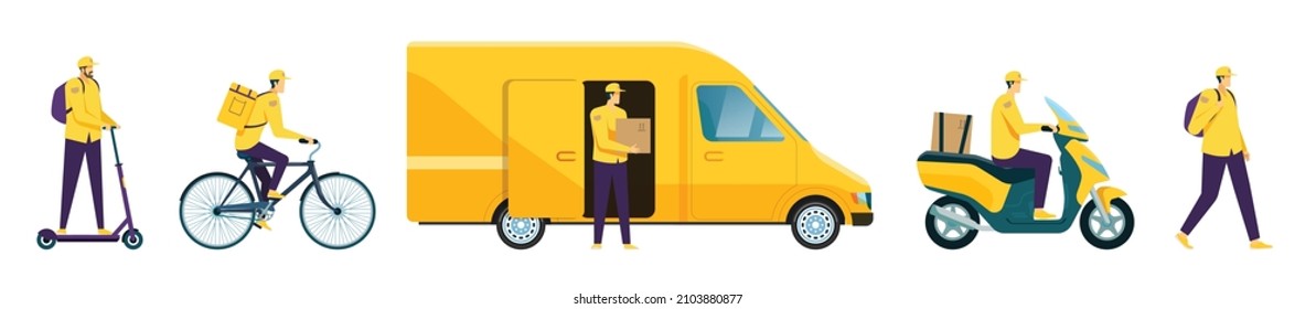 Couriers riding bicycle and scooter, online delivery service. Courier carrying package, unloading van, delivery man on motorbike vector set. Male workers shipping parcels on vehicles