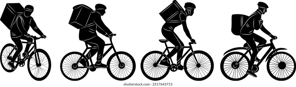 couriers riding bicycle silhouette black vector