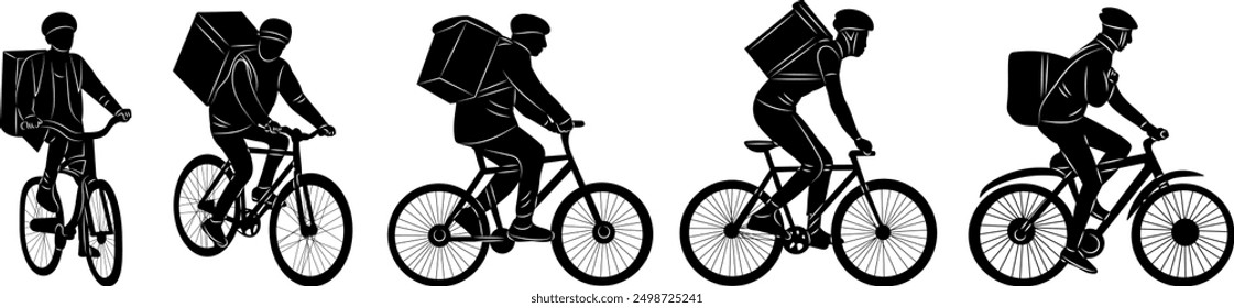 couriers riding bicycles silhouette, on white background vector