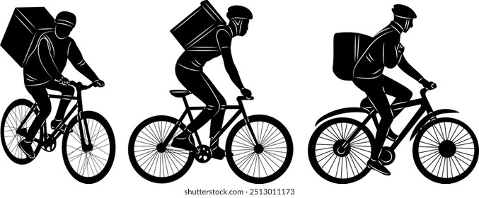 couriers riding bicycles silhouette vector on white background