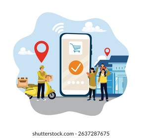 Couriers track customer addresses using smartphones. A happy family waits for their package to be delivered by the courier.