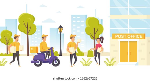 Couriers in uniform with packages walking or riding scooter to post office building. Postmen or mailmen delivering parcels. Express delivery or postal service. Modern flat cartoon vector illustration.
