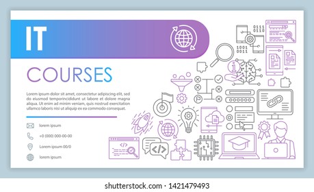 IT course banner, business card vector template. Software development. Company contact with phone, email linear icons. Programming, coding. Presentation, web page idea. Corporate print design layout
