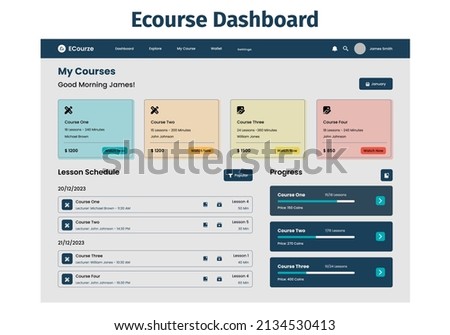 Course Dashboard design UI Kit. Desktop app with UI. Use for web application or website. Learning Dashboard.