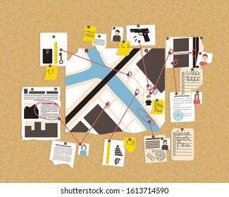 The Course Of The Detective Investigation On The Corkboard. The Map Shows The Locations Of Witnesses And Suspects. Flat Vector Illustration.