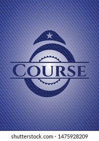 Course emblem with denim high quality background. Vector Illustration. Detailed.