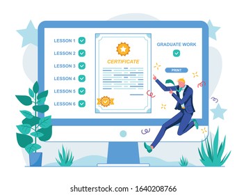 Course Graduation Work And Obtaining Certificate. There Check Marks On Screen Next To Each Lesson Student Complete. Man In Suit Jump In Joy At End Course. He Received Online Certificate.