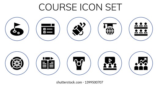 course icon set. 10 filled course icons.  Collection Of - Golf, Wind rose, Learning, Learn, Demonstration, Classroom, Training