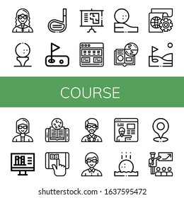 course icon set. Collection of Teacher, Golf ball, Golf stick, Golf, Presentation, Tutorial, Online learning, Learning, Online library, Elearning, Instructor icons