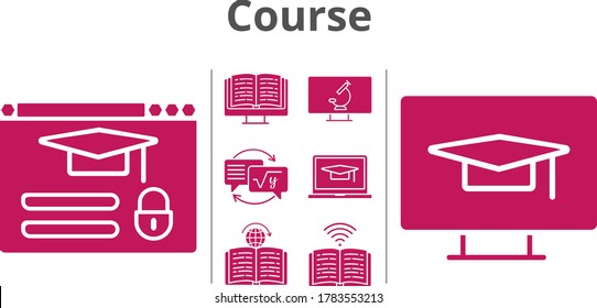 course icon set. included e-book, student, laptop, homework, book, learning, login, desktop, microscope icons. filled styles.