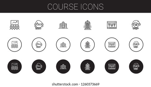 course icons set. Collection of course with class, teacher, university, police box, tutorial. Editable and scalable course icons.