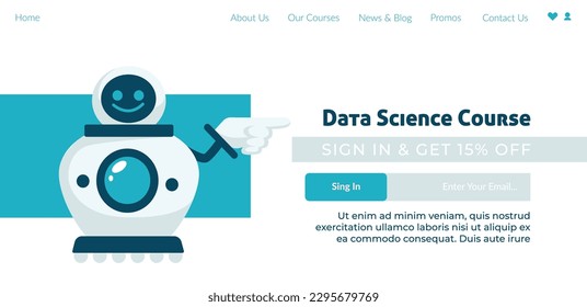 Course and lessons on data science, sign in and get discounts and sales for education classes. Learn new discipline online. Website landing page template, internet site. Vector in flat style
