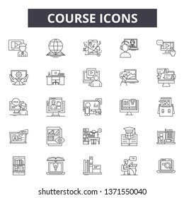 Course line icons, signs set, vector. Course outline concept, illustration: education,school,course,training,study,university,teacher,computer,online