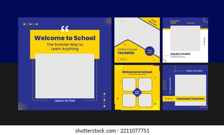 Course marketing banner for social media post template. School promotion feed template with blue and yellow colors for social media.