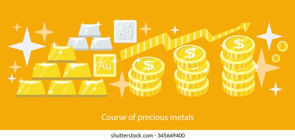 Course of precious metals flat design. Gold silver, gold bar, wealth and finance, investment business, money currency, treasure and ingot, market exchange illustration