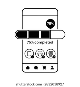 Course progress completion vector illustration. Smartphone screen displaying 75% completed status bar and checked achievement badges.
