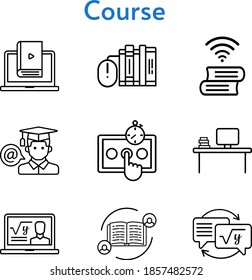 course set. included feedback, professor, books, desktop, test, learn, homework, student (1), book (2) icons. linear styles.