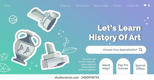 Course and special offer for history lovers. Choose your specialization and apply for lessons and classes to learn more about art. Website landing page, internet site template. Vector in flat style