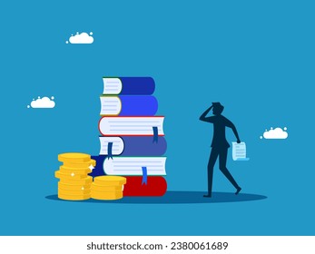Course or study fees. man holds tuition bill with pile of money and books