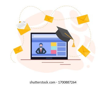 Course teacher on tablet screen, home distance learning. Online education. Vector illustration.