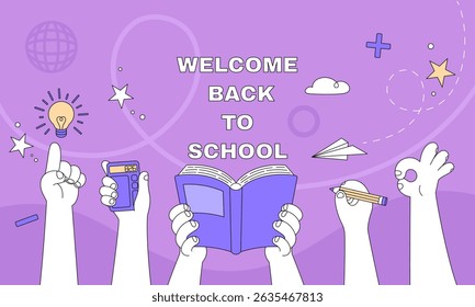 Course training. Back to school. Online study for people. Science banner. University poster. Startup network app. Students hands. Read book. Idea lamp icon. Vector web education abstract illustration